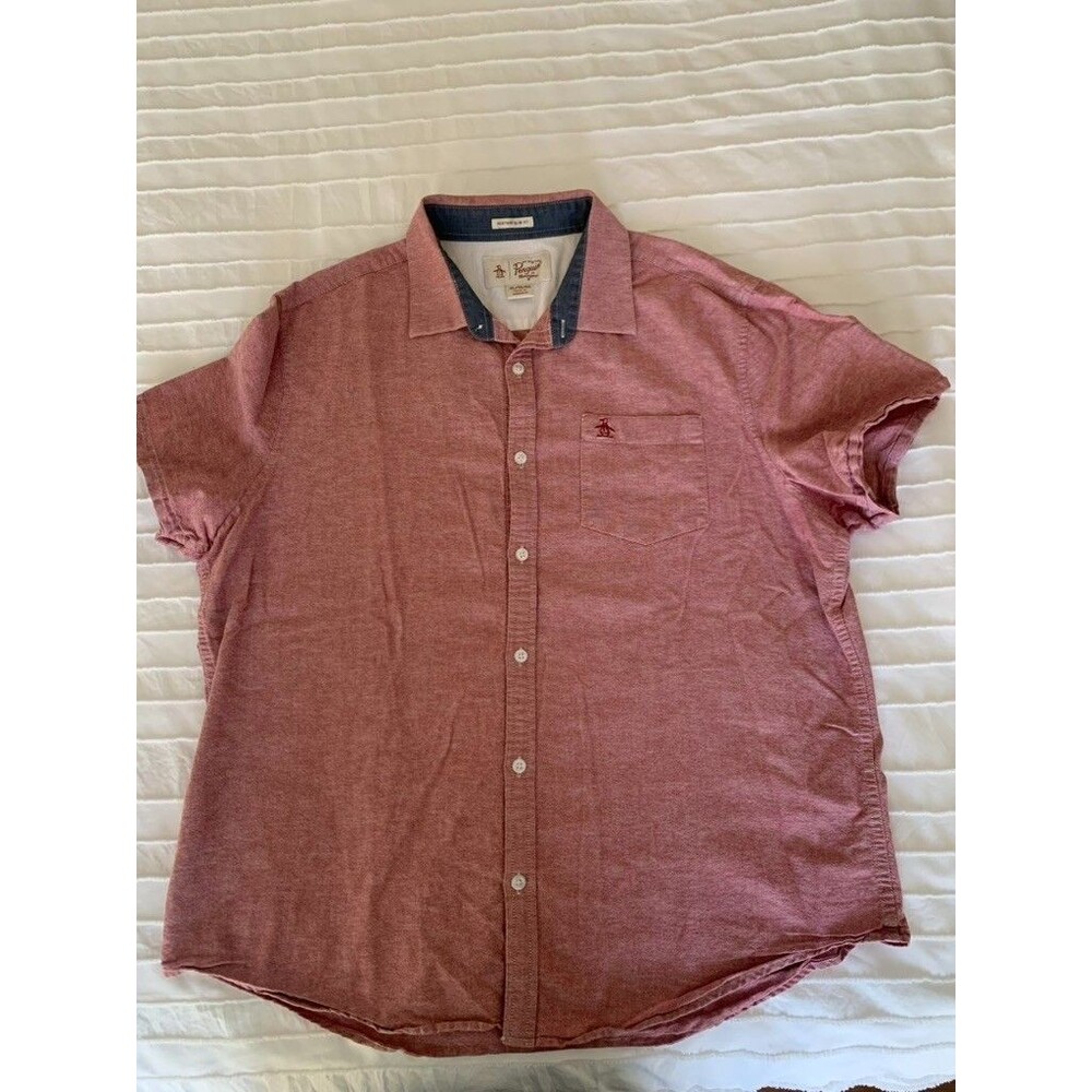Penguin Mens XL Button Up Short Sleeve Heritage Slim Fit washed Red classic prep